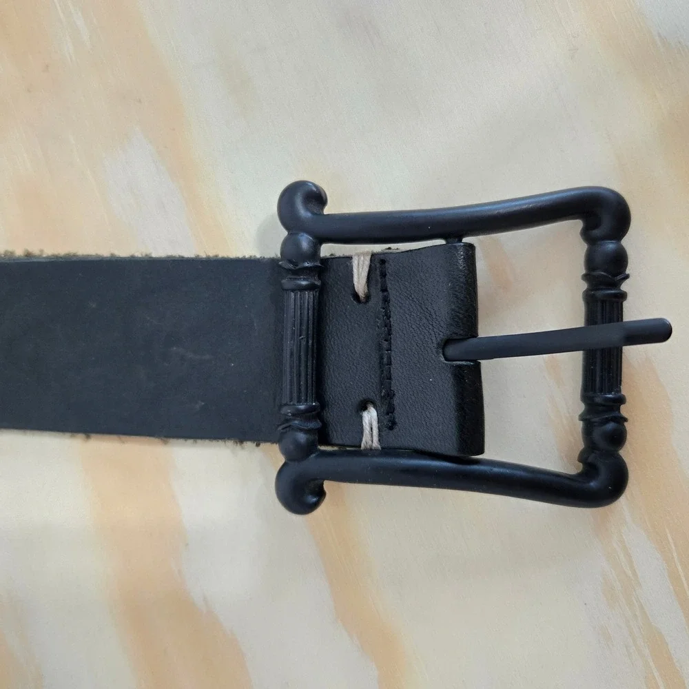 Sugarcrane Genuine Leather Belt Black Metal Buckle Decorative Stitching Mens L